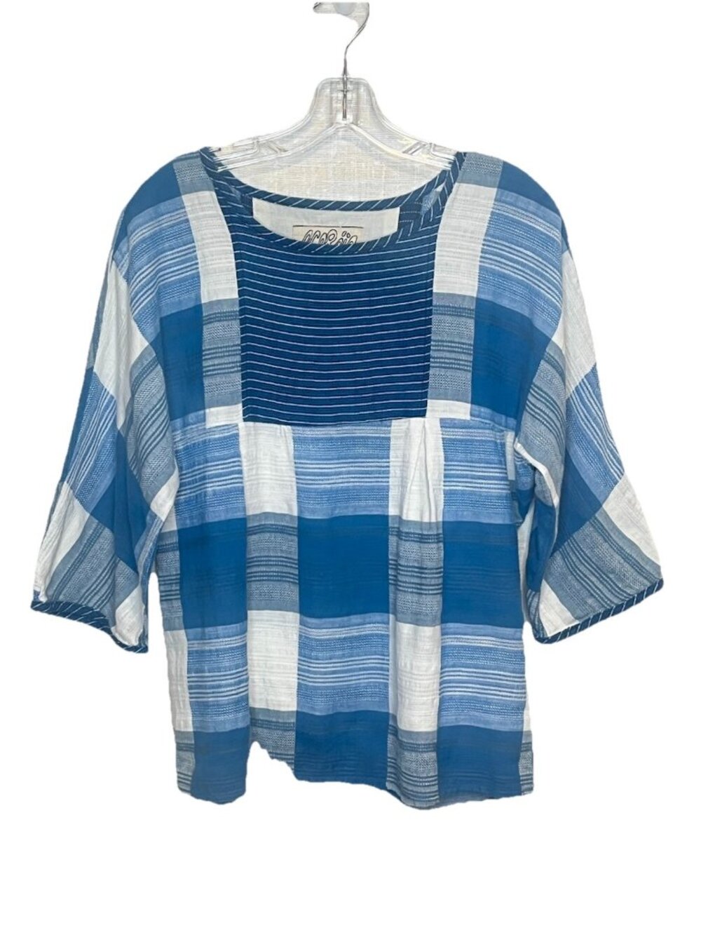 Ace & Jig Top Womens Small Blue White Plaid Woven Cotton 3/4 Sleeve Boho